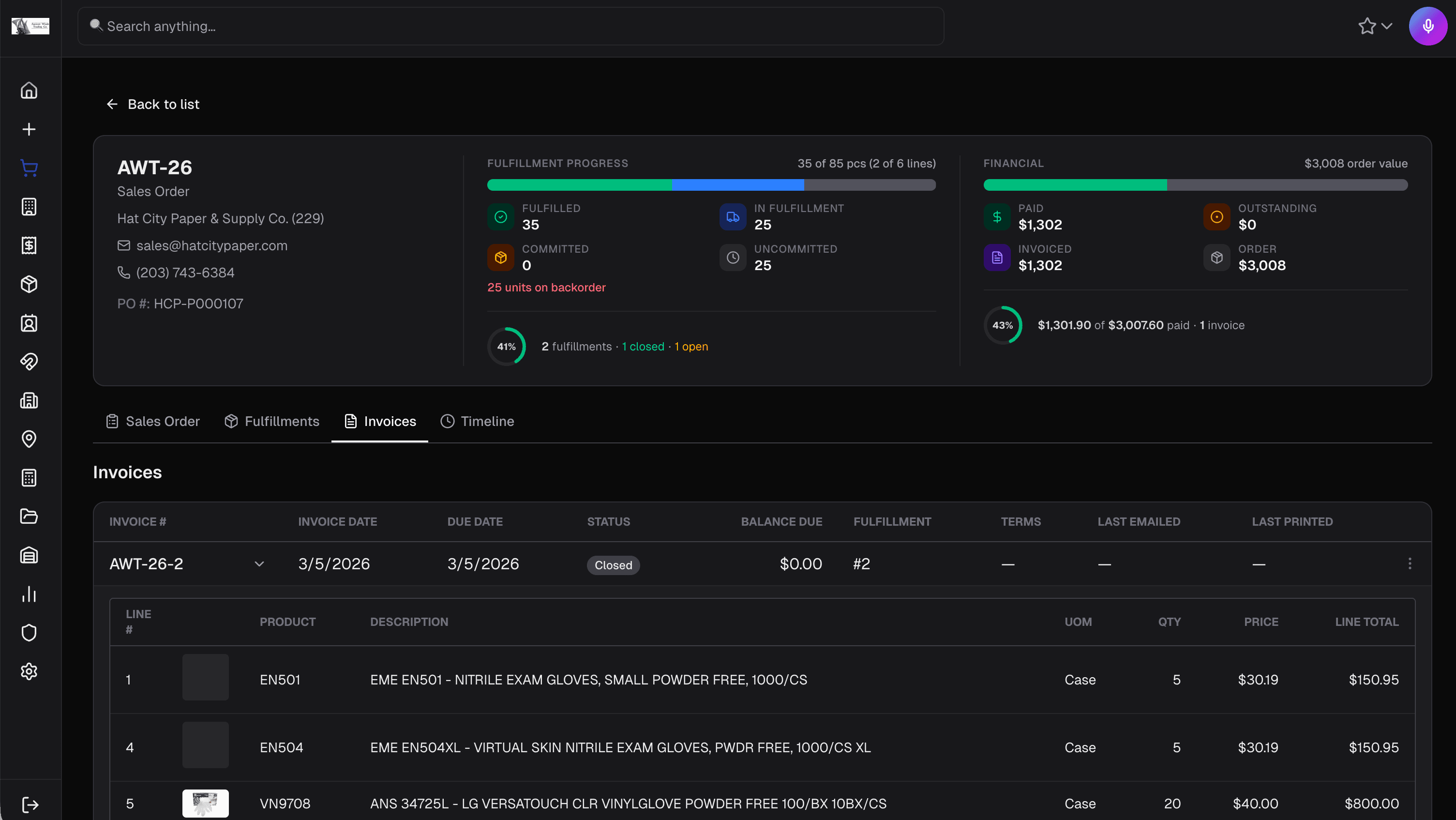 Sales order detail with fulfillment progress, financial overview, and invoice line items
