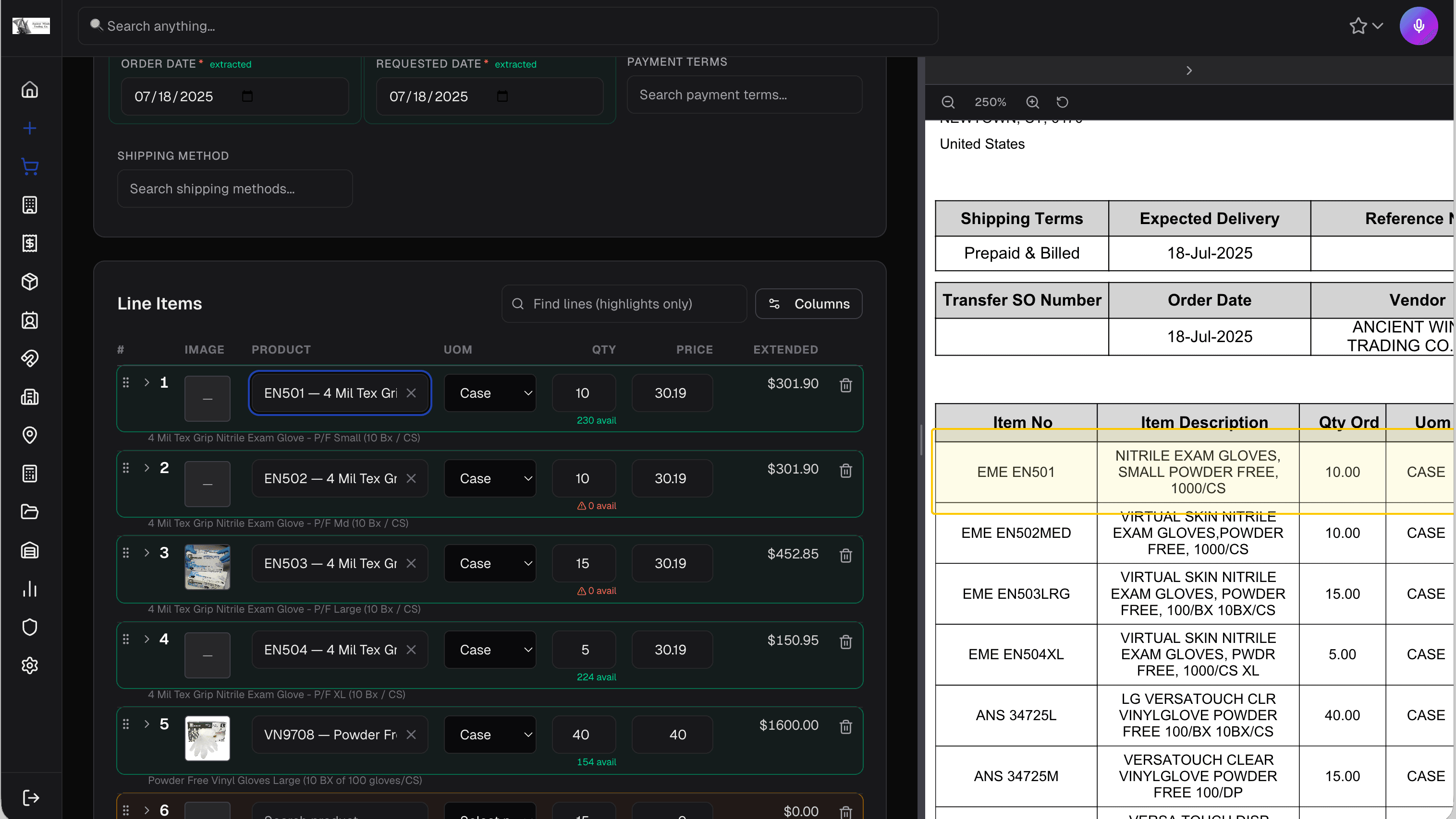 Order entry form with extracted data from document, showing line items with inventory availability