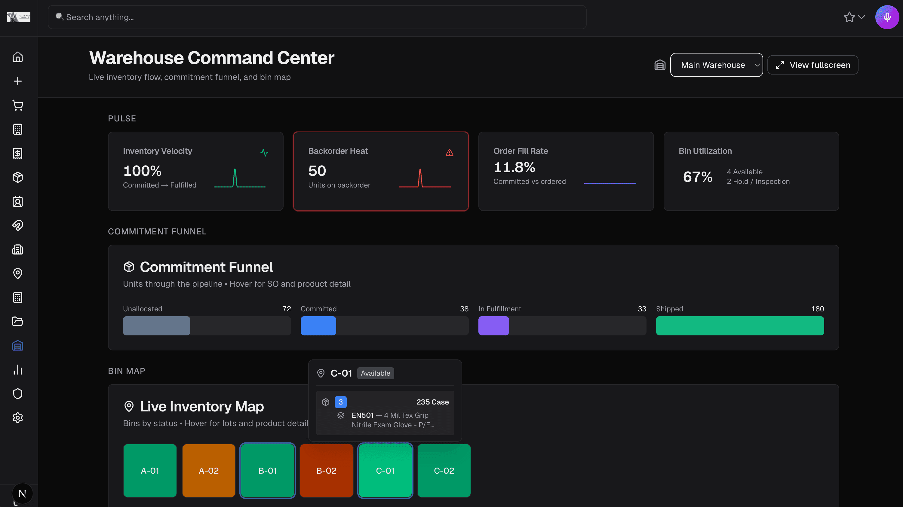Warehouse Command Center with PULSE metrics, commitment funnel, and bin map